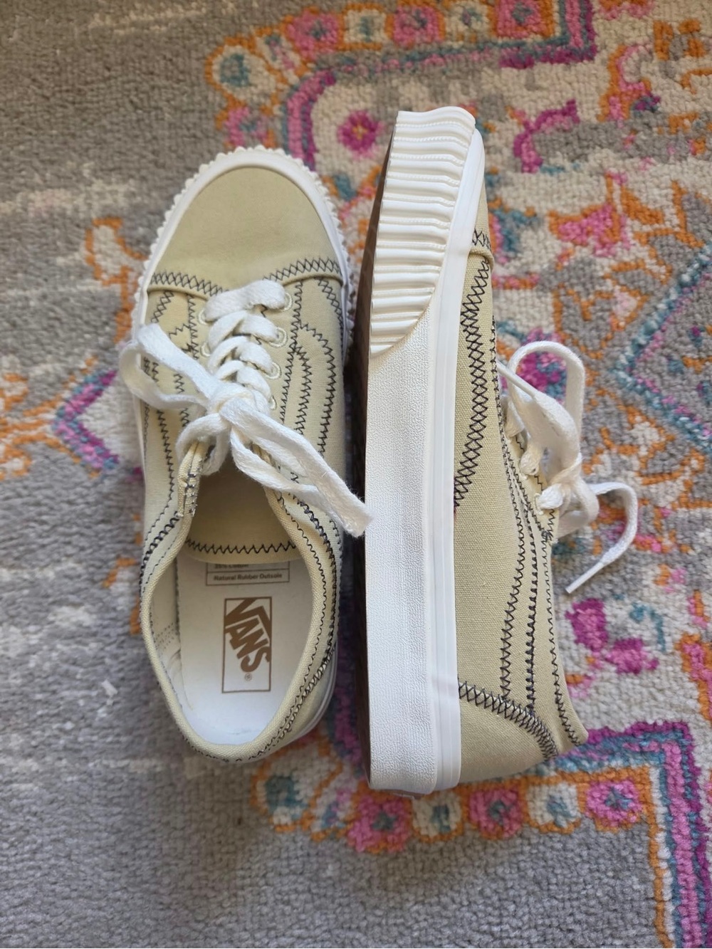 Vans Cream Low-Top Canvas Sneakers with Black Stitching